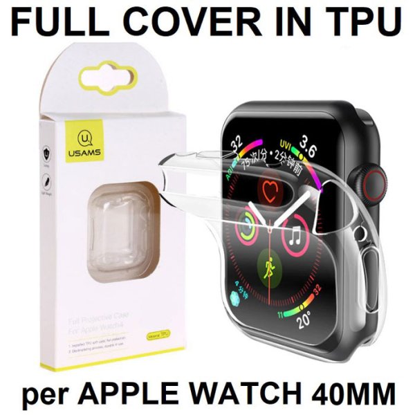 CUSTODIA per APPLE WATCH 40MM (4/5/6/SE) COPERTURA TOTALE IN GEL TPU SILICONE TRASPARENTE USAMS BLISTER