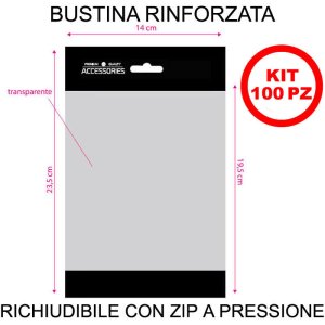 BUSTINA IN PLASTICA RINFORZATA CON ZIP A PRESSIONE RICHIUDIBILE - 23,5 X 14 CM - TRASPARENTE CON BANDE NERE KIT 100 PEZZI