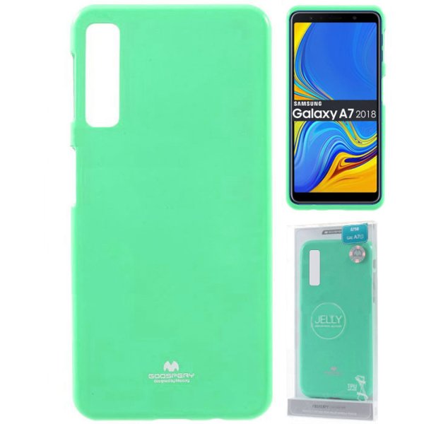 CUSTODIA per SAMSUNG GALAXY A7 2018 (SM-A750) IN GEL TPU SILICONE VERDE ACQUA LUCIDO CON GLITTER ALTA QUALITA' MERCURY BLISTER