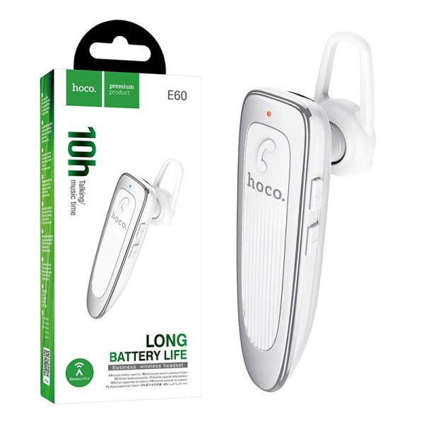 AURICOLARE BLUETOOTH 5.0 MONO CON ARCHETTO E RAGGIO D'AZIONE FINO A 10 MT COLORE BIANCO CON DETTAGLI CROMATI E60 HOCO