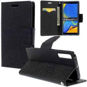 CUSTODIA per SAMSUNG GALAXY A7 2018 (SM-A750) - FLIP ORIZZONTALE CON STAND, INTERNO IN TPU SILICONE E PORTA CARTE COLORE NERO