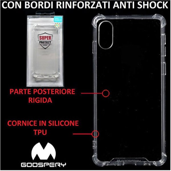 CUSTODIA per APPLE IPHONE XR (6.1") CON PARTE POSTERIORE RIGIDA, CORNICE IN SILICONE TRASPARENTE E BORDI RINFORZATI ANTI SHOCK