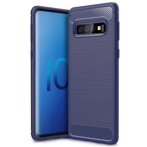 CUSTODIA per SAMSUNG GALAXY S10 (SM-G973) IN GEL TPU SILICONE EFFETTO METALLICO CON INSERTI IN FANTASIA CARBONIO COLORE BLU