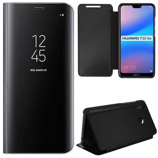 CUSTODIA per HUAWEI P20 LITE - FLIP ORIZZONTALE CLEAR VIEW STANDING COVER COLORE NERO