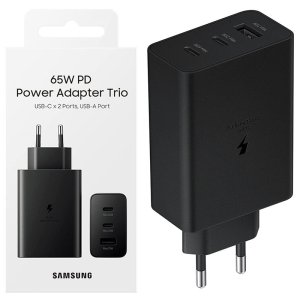 CARICATORE DA RETE 65W SUPER FAST CHARGING ORIGINALE SAMSUNG CON 2 PORTE TYPE-C + 1 PORTA USB NERO EP-T6530NBEGEU