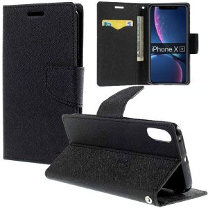 CUSTODIA per APPLE IPHONE XR (6.1") - FLIP ORIZZONTALE CON INTERNO IN TPU SILICONE, STAND E TASCHE PORTA CARTE COLORE NERO