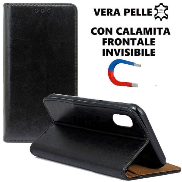 CUSTODIA per APPLE IPHONE XR (6.1") - FLIP ORIZZONTALE VERA PELLE CON CHIUSURA MAGNETICA INVISIBILE E INTERNO IN TPU NERO