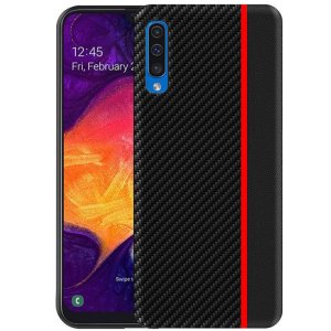 CUSTODIA per SAMSUNG GALAXY A50 (SM-A505), A30s (SM-A307), A50s (SM-A507) IN GEL TPU NERO EFFETTO CARBONIO CON INSERTO ROSSO