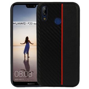 CUSTODIA per HUAWEI P20 LITE IN GEL TPU SILICONE COLORE NERO EFFETTO CARBONIO CON INSERTO ROSSO