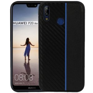 CUSTODIA per HUAWEI P20 LITE IN GEL TPU SILICONE COLORE NERO EFFETTO CARBONIO CON INSERTO BLU