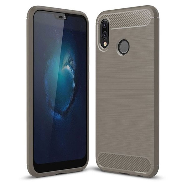 CUSTODIA per HUAWEI P20 LITE IN GEL TPU SILICONE EFFETTO METALLICO CON INSERTI IN FANTASIA CARBONIO COLORE GRIGIO