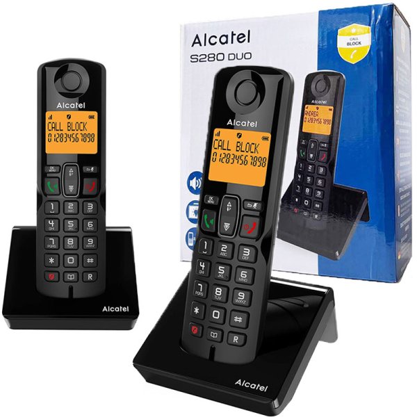 CORDLESS DOPPIO ALCATEL S280 CON VIVAVOCE CON VOLUME REGOLABILE, TASTO DIRETTO BLOCCO CHIAMATE E ID CHIAMANTE COLORE NERO