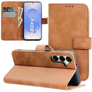 CUSTODIA per SAMSUNG GALAXY S25 PLUS (SM-S936) FLIP ORIZZONTALE IN ECOPELLE MARRONE CON INTERNO IN TPU E CHIUSURA MAGNETICA