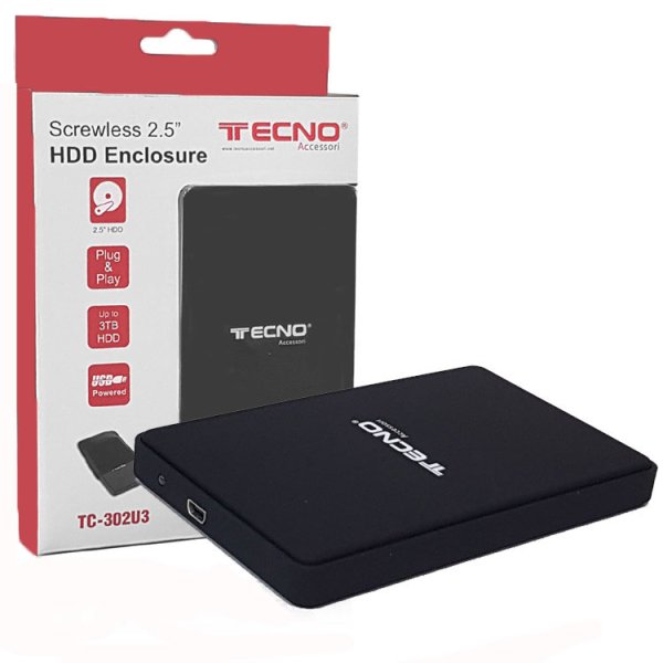 BOX ESTERNO 2.5" HDD SATA USB 3.0 PER HARD DISK FINO A 3TB COLORE NERO TC-302U3 TECNO