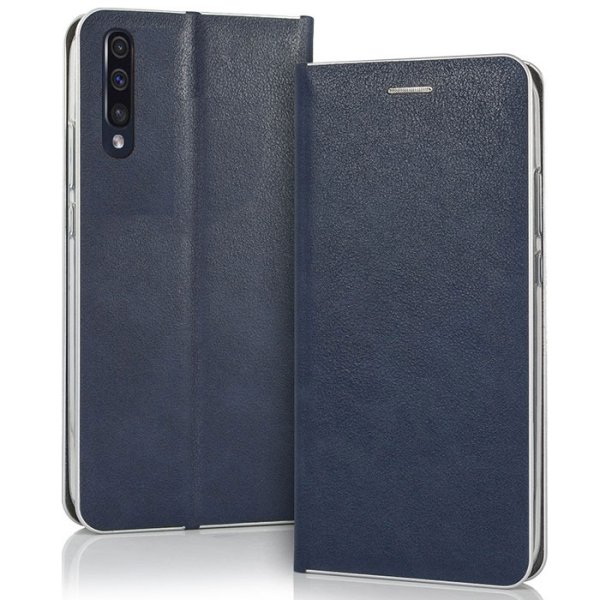 CUSTODIA per SAMSUNG GALAXY A70, A70s - FLIP ORIZZONTALE SIMILPELLE CHIUSURA MAGNETICA INVISIBILE COLORE BLU CON BORDO SILVER