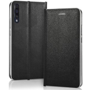 CUSTODIA per SAMSUNG GALAXY A70, A70s - FLIP ORIZZONTALE SIMILPELLE CHIUSURA MAGNETICA INVISIBILE COLORE NERO CON BORDO SILVER