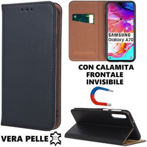 CUSTODIA per SAMSUNG GALAXY A70 (SM-A705), GALAXY A70s (SM-A707) - FLIP ORIZZONTALE VERA PELLE CHIUSURA MAGNETICA NERO