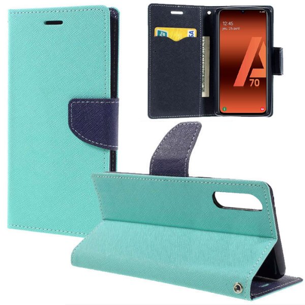 CUSTODIA per SAMSUNG GALAXY A70 (SM-A705), GALAXY A70s (SM-A707) - FLIP ORIZZONTALE CON INTERNO IN TPU E PORTA CARTE VERDE ACQUA