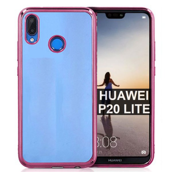 CUSTODIA per HUAWEI P20 LITE IN GEL TPU SILICONE TRASPARENTE CON CORNICE COLORE ROSA ORO