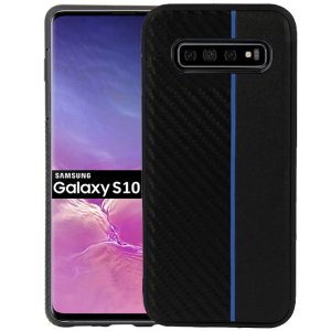 CUSTODIA per SAMSUNG GALAXY S10 (SM-G973) IN GEL TPU SILICONE COLORE NERO EFFETTO CARBONIO CON INSERTO BLU