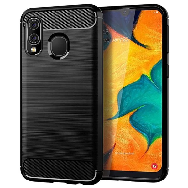 CUSTODIA per SAMSUNG GALAXY A40 (SM-A405) IN GEL TPU SILICONE EFFETTO METALLICO CON INSERTI IN FANTASIA CARBONIO NERO