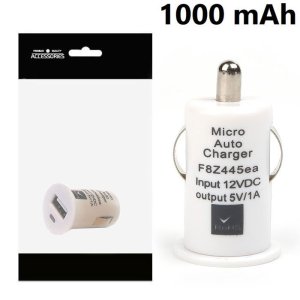 CARICATORE AUTO MINI 1000mAh CON 1 PORTA USB COLORE BIANCO CONFEZIONATO IN BUSTINA (CAUSB.MINI.BI)