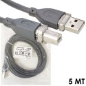 CAVO USB 2.0 PER STAMPANTE CONNETTORE TIPO A (MASCHIO) A TIPO B (MASCHIO) LUNGHEZZA 5 MT COLORE GRIGIO P5M