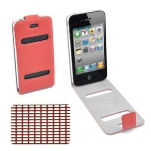 CUSTODIA VERTICALE FLIP SOTTILE per APPLE IPHONE 4, 4s CON DOPPIA FINESTRA E FISSAGGIO ADESIVO COLORE ROSSO