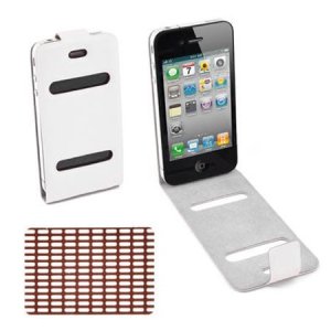 CUSTODIA VERTICALE FLIP SOTTILE per APPLE IPHONE 4, 4s CON DOPPIA FINESTRA E FISSAGGIO ADESIVO COLORE BIANCO