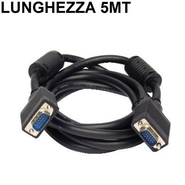 CAVO VGA CON FERRITI MASCHIO / MASCHIO LUNGHEZZA 5 Mt. COLORE NERO VGA/M/M5