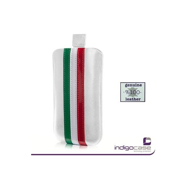 CUSTODIA A SACCHETTO IN VERA PELLE per SAMSUNG S5230, LG KP500, NOKIA N85 INDIGO COLORE BIANCO CON BANDIERA ITALIA