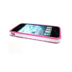 CUSTODIA GEL TPU SILICONE BUMPER per APPLE IPHONE 4, 4s COLORE FUCSIA-BIANCO-FUCSIA TASTI METALLIZZATI