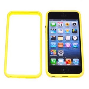 CUSTODIA per APPLE IPHONE SE, IPHONE 5S, IPHONE 5 IN GEL TPU SILICONE BUMPER COLORE GIALLO CON TASTI METALLIZZATI