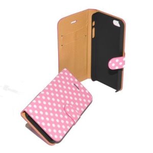 CUSTODIA ORIZZONTALE FLIP PELLE per APPLE IPHONE 5, 5S COLORE ROSA CON POIS BIANCHI