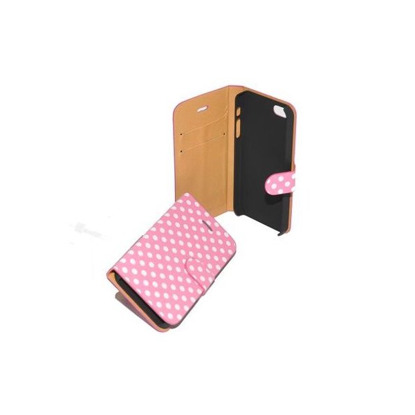 CUSTODIA ORIZZONTALE FLIP PELLE per APPLE IPHONE 5, 5S COLORE ROSA CON POIS BIANCHI