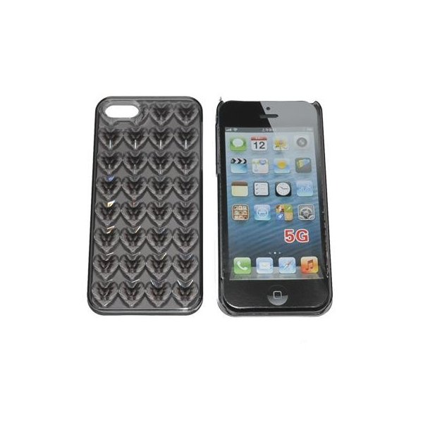 CUSTODIA per APPLE IPHONE SE, IPHONE 5S, IPHONE 5 - BACK RIGIDA TRASPARENTE CON CUORI IN RILIEVO COLORE NERO