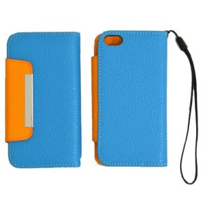 CUSTODIA ORIZZONTALE FLIP WALLET per APPLE IPHONE 5, 5S COLORE AZZURRO E ARANCIONE CON LACCIO E PORTA CARTE