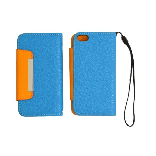 CUSTODIA ORIZZONTALE FLIP WALLET per APPLE IPHONE 5, 5S COLORE AZZURRO E ARANCIONE CON LACCIO E PORTA CARTE