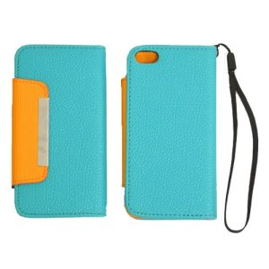 CUSTODIA ORIZZONTALE FLIP WALLET per APPLE IPHONE 5, 5S COLORE VERDE ACQUA E ARANCIONE CON LACCIO E PORTA CARTE