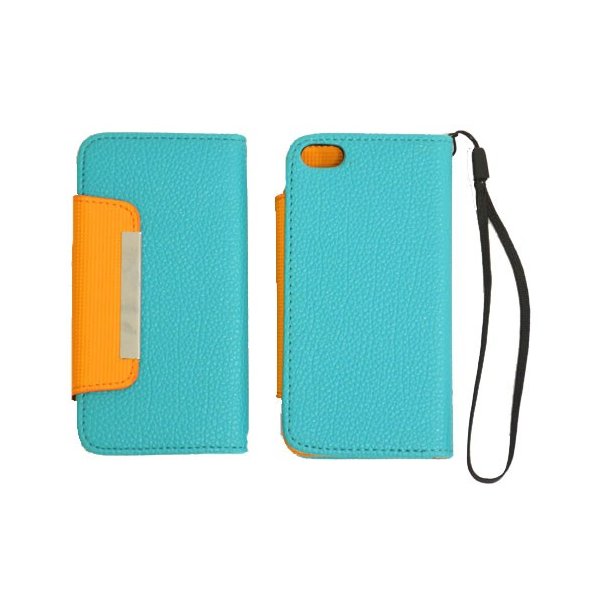 CUSTODIA ORIZZONTALE FLIP WALLET per APPLE IPHONE 5, 5S COLORE VERDE ACQUA E ARANCIONE CON LACCIO E PORTA CARTE