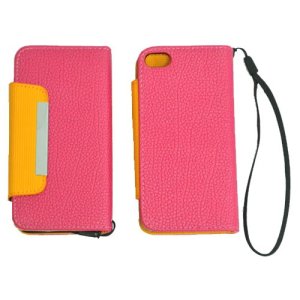 CUSTODIA ORIZZONTALE FLIP WALLET per APPLE IPHONE 5, 5S COLORE ROSA E ARANCIONE CON LACCIO E PORTA CARTE