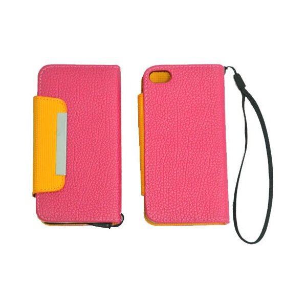 CUSTODIA ORIZZONTALE FLIP WALLET per APPLE IPHONE 5, 5S COLORE ROSA E ARANCIONE CON LACCIO E PORTA CARTE