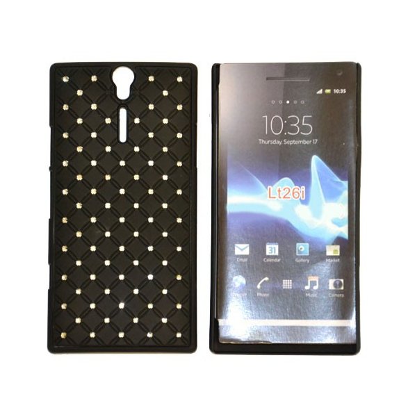 CUSTODIA RIGIDA GOMMATA CON BRILLANTINI per SONY XPERIA S, LT26i COLORE NERO