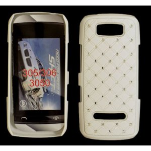 CUSTODIA RIGIDA GOMMATA CON BRILLANTINI per NOKIA ASHA 305, 306 COLORE BIANCO