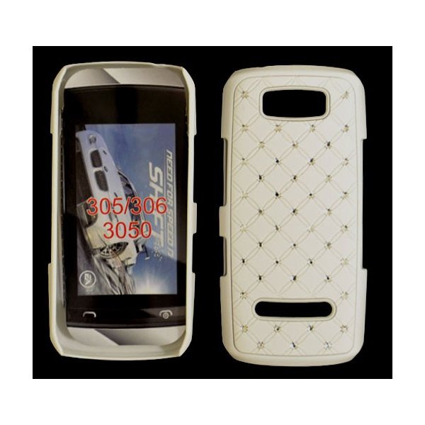 CUSTODIA RIGIDA GOMMATA CON BRILLANTINI per NOKIA ASHA 305, 306 COLORE BIANCO