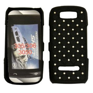 CUSTODIA RIGIDA GOMMATA CON BRILLANTINI per NOKIA ASHA 305, 306 COLORE NERO