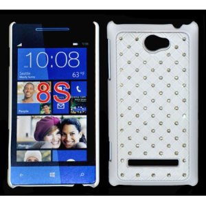 CUSTODIA RIGIDA GOMMATA CON BRILLANTINI per HTC 8S A620E COLORE BIANCO