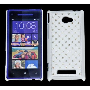 CUSTODIA RIGIDA GOMMATA CON BRILLANTINI per HTC WINDOWS PHONE 8X C620E COLORE BIANCO