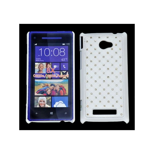 CUSTODIA RIGIDA GOMMATA CON BRILLANTINI per HTC WINDOWS PHONE 8X C620E COLORE BIANCO