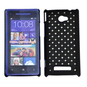 CUSTODIA RIGIDA GOMMATA CON BRILLANTINI per HTC WINDOWS PHONE 8X C620E COLORE NERO